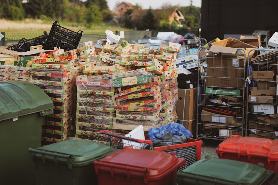 A large outdoor area filled with accumulated waste and recycling materials, including multiple stacks of flattened cardboard boxes with colorful fruit and fresh produce branding, arranged in front of